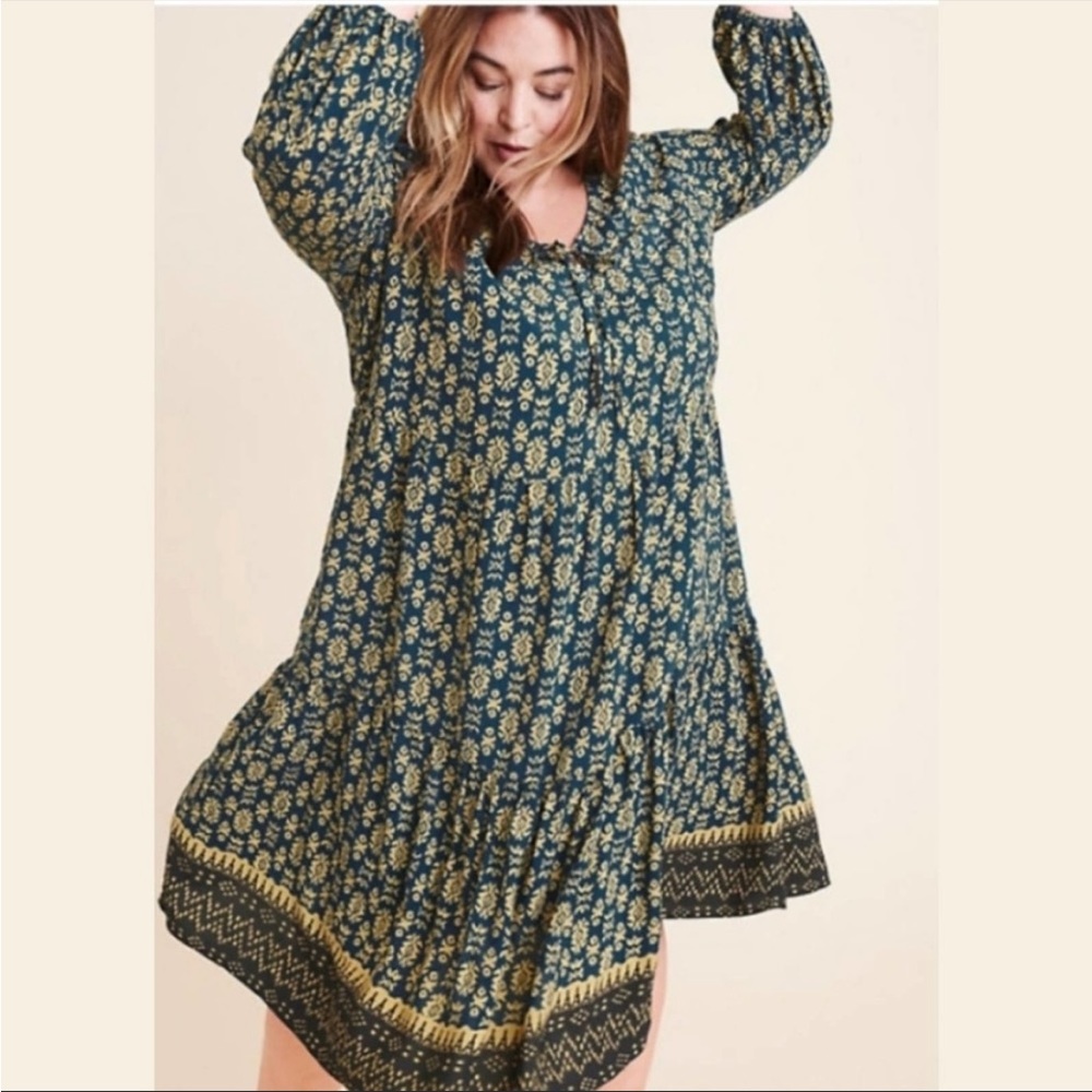 Ryllace Plus Size 18 Tribal Aztec Print Flowy Tiered Midi Dress Teal